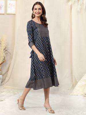 Navy blue rayon jaipuri print foil print block print mirror work round neck tassel kurta for women 2