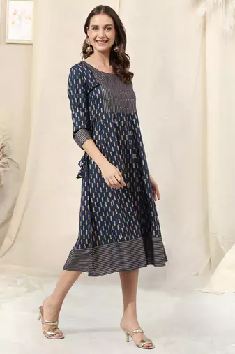 Navy blue rayon jaipuri print foil print block print mirror work round neck tassel kurta for women