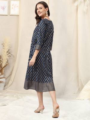 Navy blue rayon jaipuri print foil print block print mirror work round neck tassel kurta for women 3