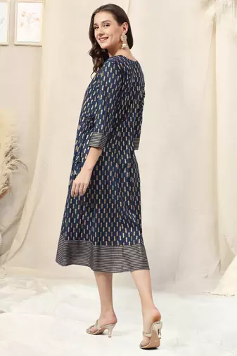 Navy blue rayon jaipuri print foil print block print mirror work round neck tassel kurta for women