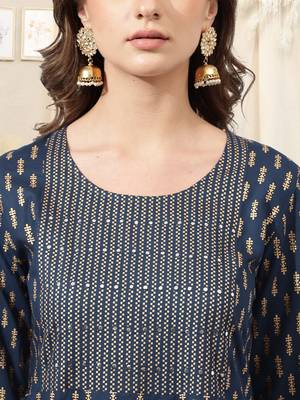 Navy blue rayon jaipuri print foil print block print mirror work round neck tassel kurta for women 4