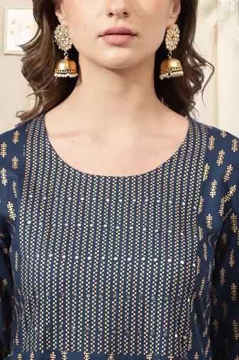Navy blue rayon jaipuri print foil print block print mirror work round neck tassel kurta for women