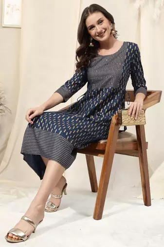Navy blue rayon jaipuri print foil print block print mirror work round neck tassel kurta for women