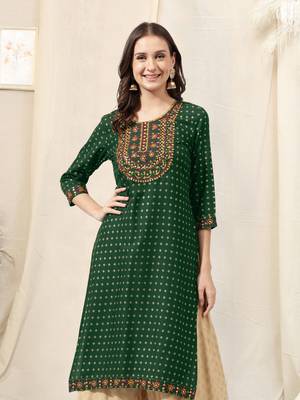 Green rayon jaipuri foil print mirror embroidery round neck 3/4 sleeve calf length straight fit kurta for women 1