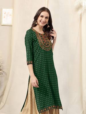 Green rayon jaipuri foil print mirror embroidery round neck 3/4 sleeve calf length straight fit kurta for women 2