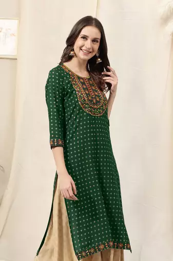 Green rayon jaipuri foil print mirror embroidery round neck 3/4 sleeve calf length straight fit kurta for women