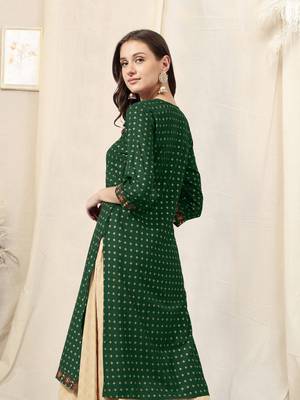 Green rayon jaipuri foil print mirror embroidery round neck 3/4 sleeve calf length straight fit kurta for women 3