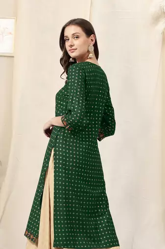 Green rayon jaipuri foil print mirror embroidery round neck 3/4 sleeve calf length straight fit kurta for women