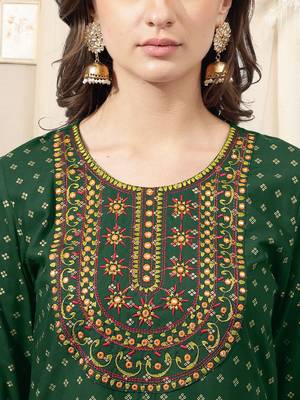 Green rayon jaipuri foil print mirror embroidery round neck 3/4 sleeve calf length straight fit kurta for women 4