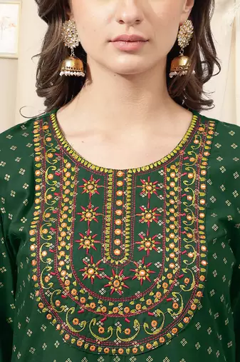 Green rayon jaipuri foil print mirror embroidery round neck 3/4 sleeve calf length straight fit kurta for women