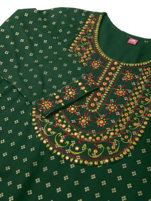 Green rayon jaipuri foil print mirror embroidery round neck 3/4 sleeve calf length straight fit kurta for women 5