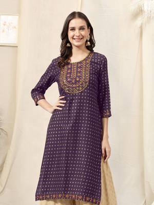Purple rayon jaipuri foil print mirror embroidery round neck 3/4 sleeve calf length straight fit kurta for women 1