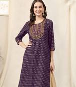 Purple rayon jaipuri foil print mirror embroidery round neck 3/4 sleeve calf length straight fit kurta for women