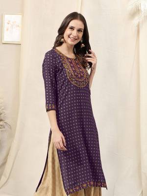 Purple rayon jaipuri foil print mirror embroidery round neck 3/4 sleeve calf length straight fit kurta for women 2
