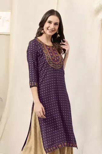 Purple rayon jaipuri foil print mirror embroidery round neck 3/4 sleeve calf length straight fit kurta for women