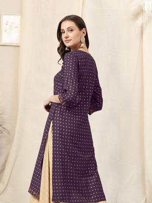 Purple rayon jaipuri foil print mirror embroidery round neck 3/4 sleeve calf length straight fit kurta for women 3