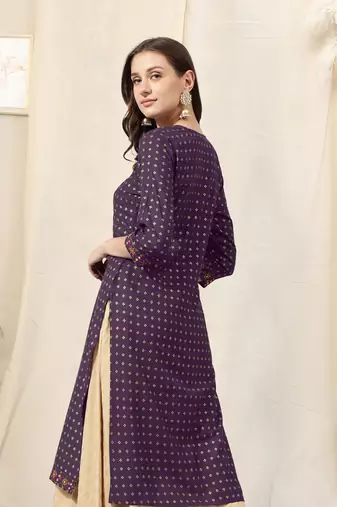 Purple rayon jaipuri foil print mirror embroidery round neck 3/4 sleeve calf length straight fit kurta for women