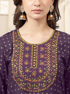 Purple rayon jaipuri foil print mirror embroidery round neck 3/4 sleeve calf length straight fit kurta for women 4