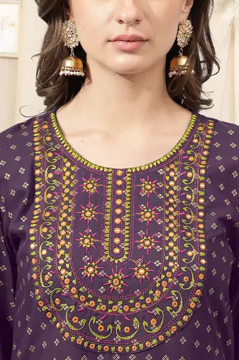 Purple rayon jaipuri foil print mirror embroidery round neck 3/4 sleeve calf length straight fit kurta for women