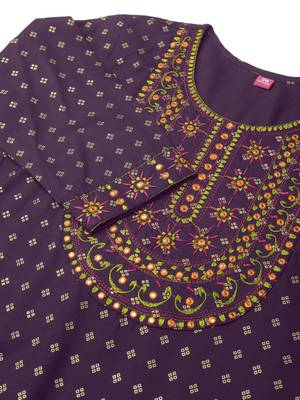 Purple rayon jaipuri foil print mirror embroidery round neck 3/4 sleeve calf length straight fit kurta for women 5