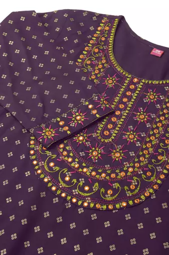 Purple rayon jaipuri foil print mirror embroidery round neck 3/4 sleeve calf length straight fit kurta for women