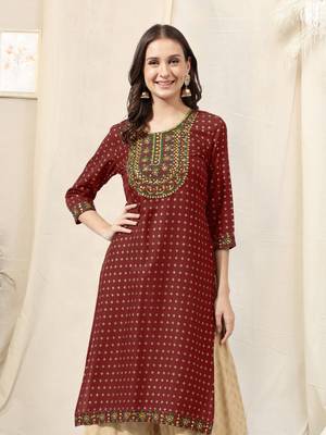 Maroon rayon jaipuri foil print mirror embroidery round neck 3/4 sleeve calf length straight fit kurta for women 1