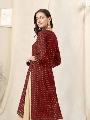Maroon rayon jaipuri foil print mirror embroidery round neck 3/4 sleeve calf length straight fit kurta for women 3