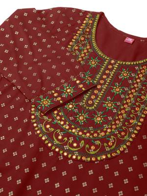 Maroon rayon jaipuri foil print mirror embroidery round neck 3/4 sleeve calf length straight fit kurta for women 5