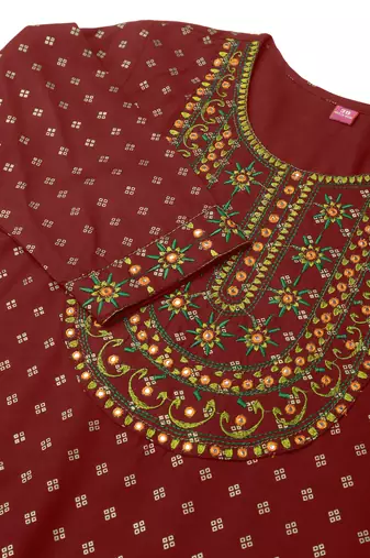 Maroon rayon jaipuri foil print mirror embroidery round neck 3/4 sleeve calf length straight fit kurta for women