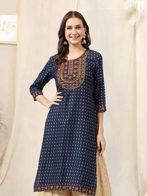 Navy blue rayon jaipuri foil print mirror embroidery round neck 3/4 sleeve calflength straight fit kurta for women 1