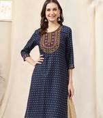 Navy blue rayon jaipuri foil print mirror embroidery round neck 3/4 sleeve calflength straight fit kurta for women