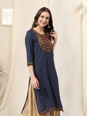 Navy blue rayon jaipuri foil print mirror embroidery round neck 3/4 sleeve calflength straight fit kurta for women 2