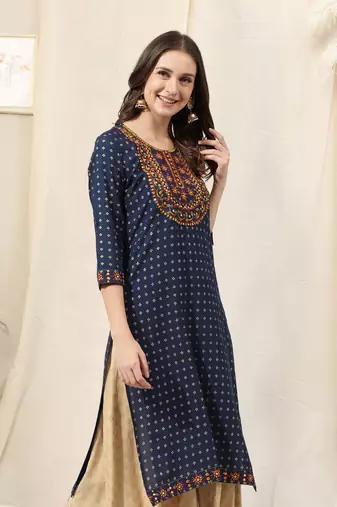 Navy blue rayon jaipuri foil print mirror embroidery round neck 3/4 sleeve calflength straight fit kurta for women