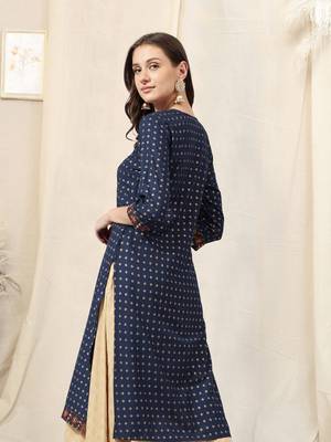 Navy blue rayon jaipuri foil print mirror embroidery round neck 3/4 sleeve calflength straight fit kurta for women 3
