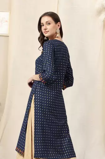 Navy blue rayon jaipuri foil print mirror embroidery round neck 3/4 sleeve calflength straight fit kurta for women
