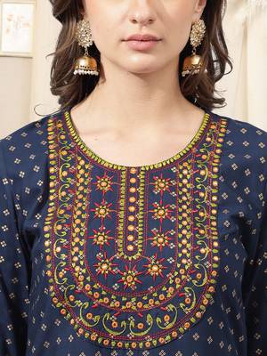 Navy blue rayon jaipuri foil print mirror embroidery round neck 3/4 sleeve calflength straight fit kurta for women 4
