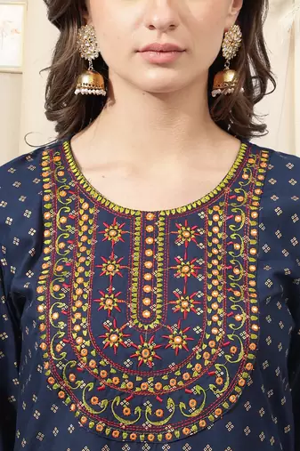 Navy blue rayon jaipuri foil print mirror embroidery round neck 3/4 sleeve calflength straight fit kurta for women