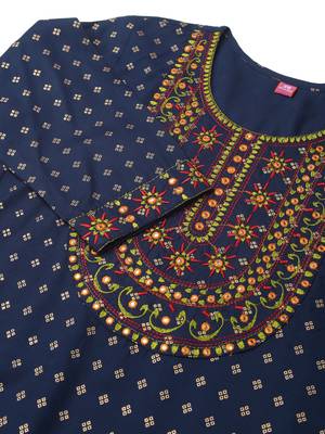Navy blue rayon jaipuri foil print mirror embroidery round neck 3/4 sleeve calflength straight fit kurta for women 5