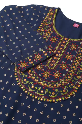 Navy blue rayon jaipuri foil print mirror embroidery round neck 3/4 sleeve calflength straight fit kurta for women