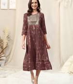 Light wine cotton foil print zari sequins embroidery gotta patti round neck 3/4 sleeve kurta for women