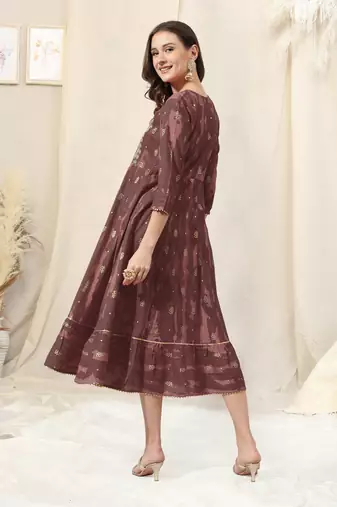 Light wine cotton foil print zari sequins embroidery gotta patti round neck 3/4 sleeve kurta for women