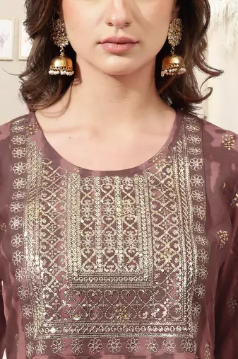 Light wine cotton foil print zari sequins embroidery gotta patti round neck 3/4 sleeve kurta for women