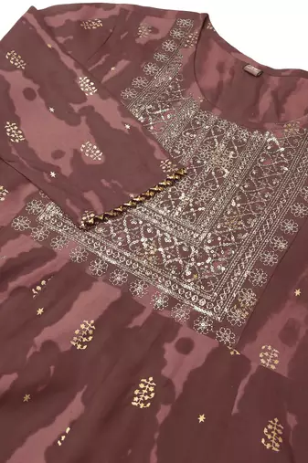 Light wine cotton foil print zari sequins embroidery gotta patti round neck 3/4 sleeve kurta for women