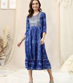 Blue cotton foil print zari sequins embroidery gotta patti round neck 3/4 sleeve kurta for women