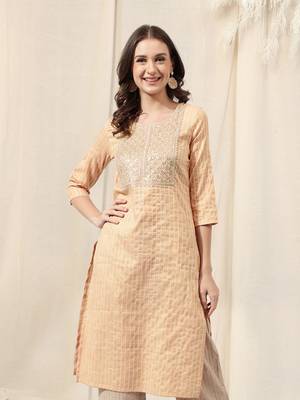 Dark cream white cotton blend woven zari sequins embroidery gotta patti kurta for women 1