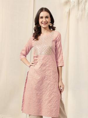 Dusty pink white cotton blend woven zari sequins embroidery gotta patti kurta for women 1