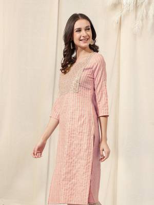 Dusty pink white cotton blend woven zari sequins embroidery gotta patti kurta for women 2