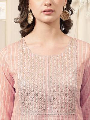 Dusty pink white cotton blend woven zari sequins embroidery gotta patti kurta for women 4