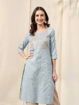 Grey white cotton blend woven zari sequins embroidery gotta patti kurta for women 1