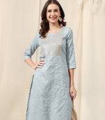 Grey white cotton blend woven zari sequins embroidery gotta patti kurta for women